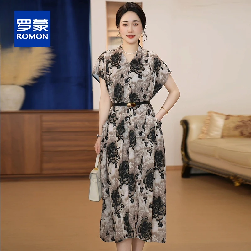 中老年妈妈装气质洋气显瘦中长款时尚夏季收腰印花复古法式连衣裙