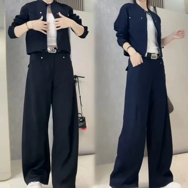 简约时尚纯色长袖上衣+直筒裤两件套女2025秋季新款小众洋气套装