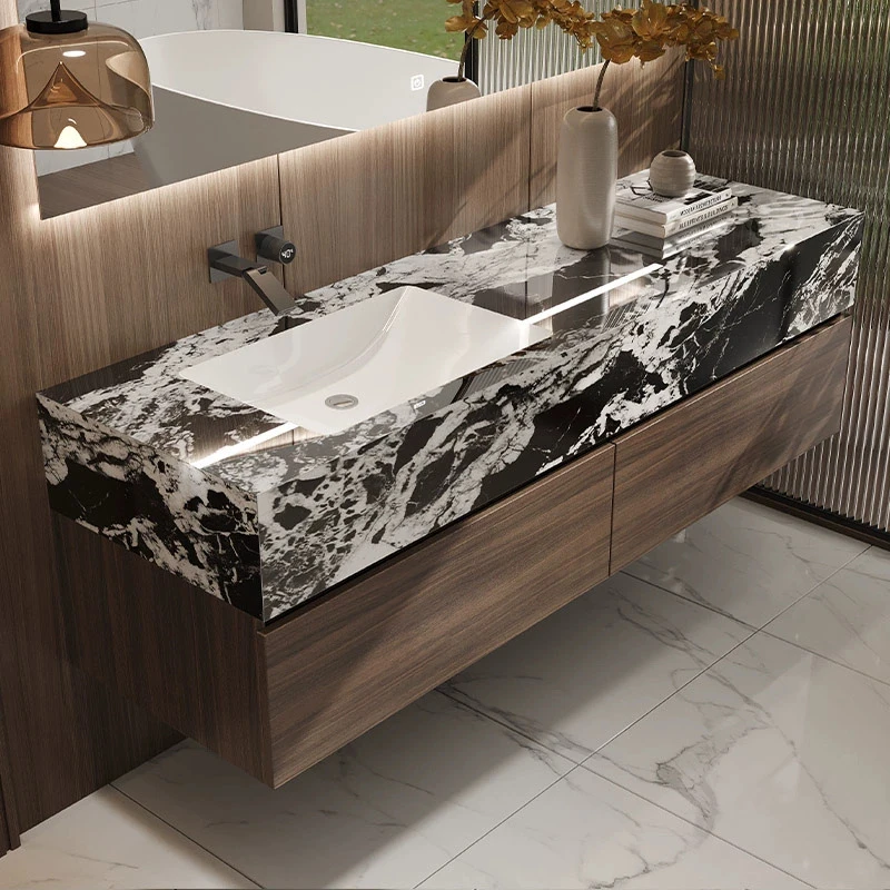 赫本黑岩板陶瓷一体无缝浴室柜组合卫生间洗漱台洗手洗脸盆定制
