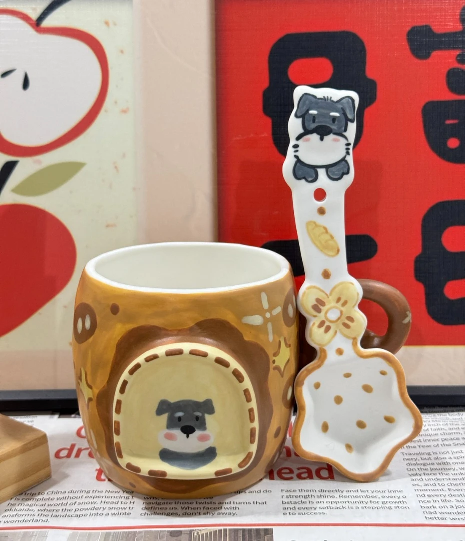 景德镇时光绘馆 创意手绘高温釉下彩陶瓷 雪纳瑞碱水结杯勺套装