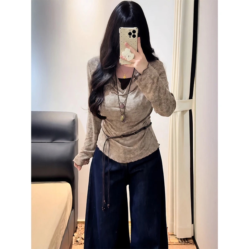 美拉德假两件长袖T恤女2025新款早秋穿搭大码胖mm藏肉收腰上衣