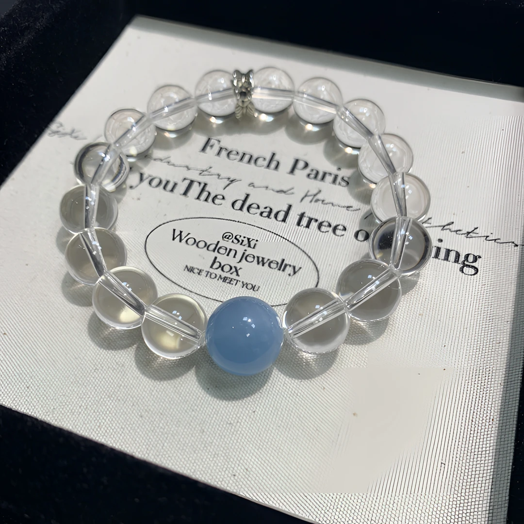 【桃喜珠宝】赵露思同款全净体白水晶+海蓝宝手串时尚百搭小众12mm