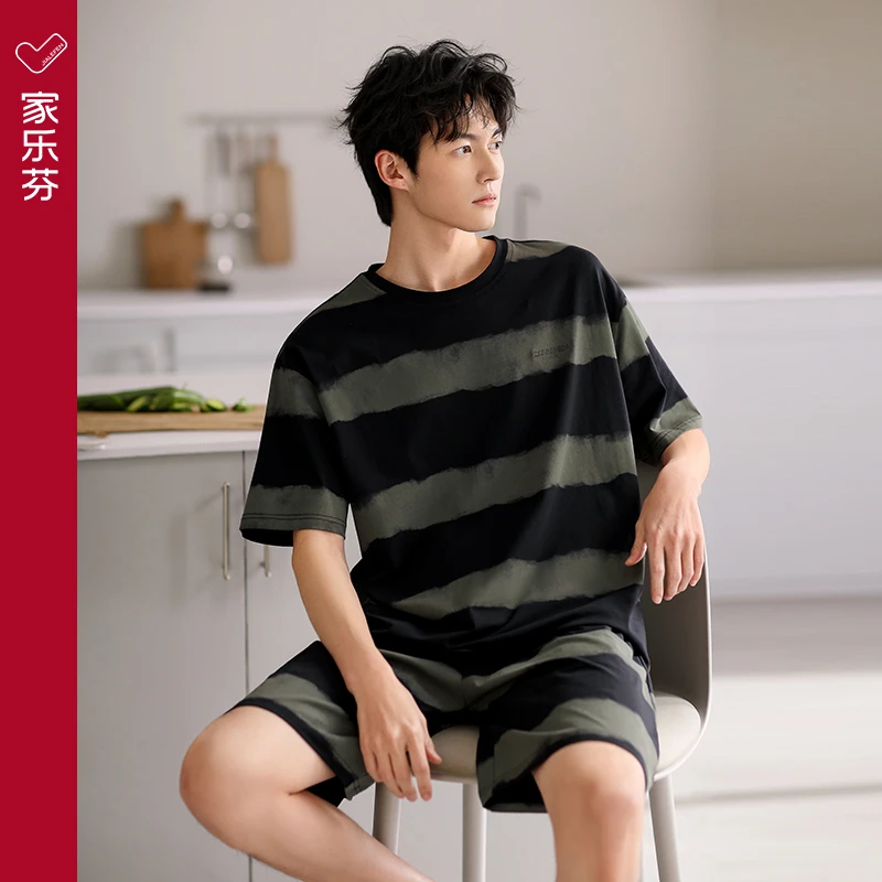 家乐芬睡衣男士夏季薄款短袖短裤莫代尔棉家居服美式圆领冰丝套装