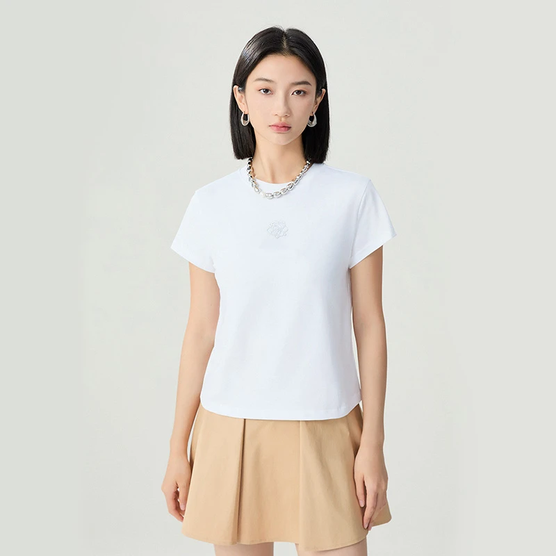 哥弟新款女装简约休闲纯棉上衣圆领短版百搭短袖印花T恤1300996