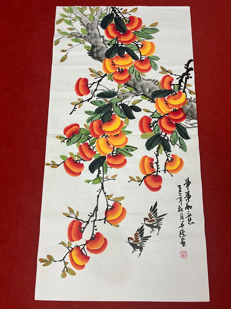 322三尺50x100cm事事如意柿子玄关书房客厅办公室现代手工装饰画