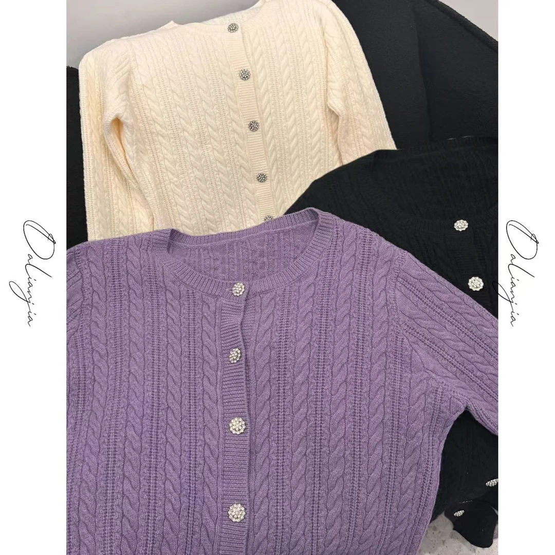晶咕佳佳【紫藤花】麻花开衫百搭圆领针织外套长袖时尚紫色显瘦纯色