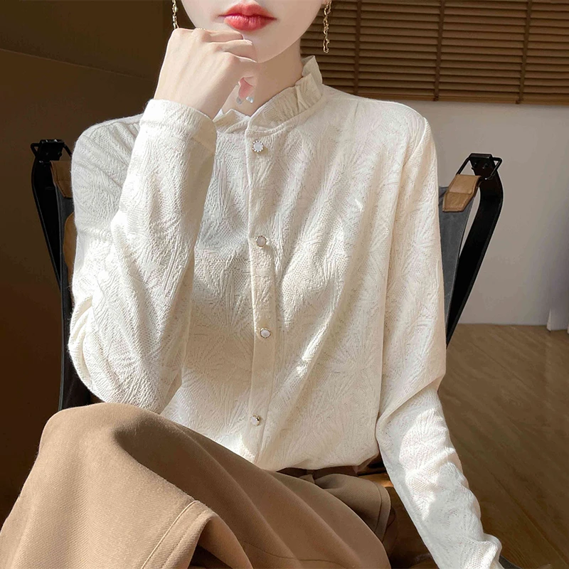 【现货宠粉】新款长袖针织衫女立领提花宽松国风小众春秋打底毛衣