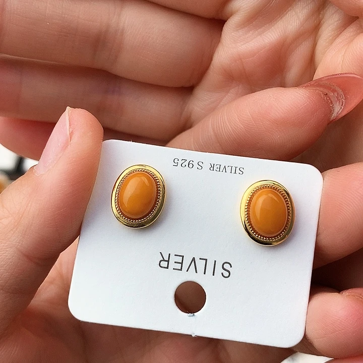 蜜蜡耳饰银S925镶嵌耳饰