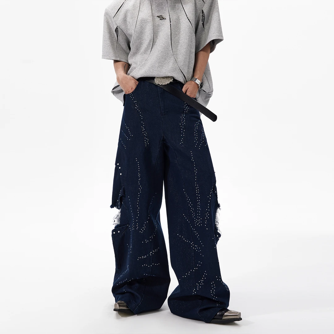SEE 轻奢小香风珍珠割破银丝蓝色牛仔裤男夏季设计感烫钻直筒裤