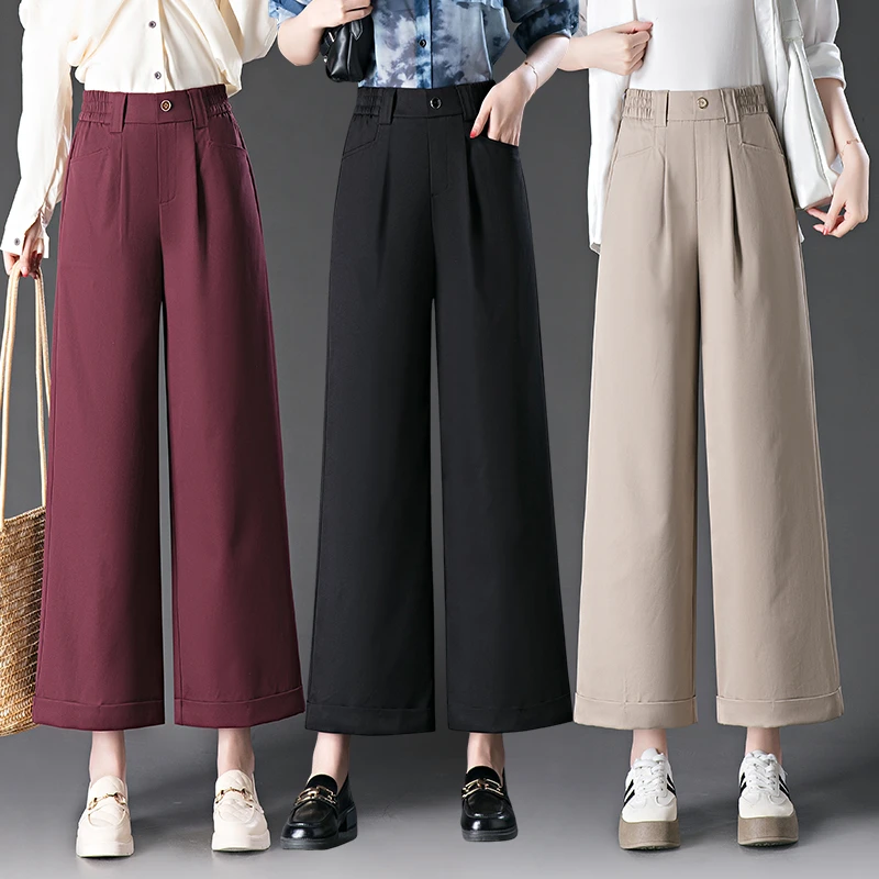 垂感阔腿西装裤女工2025春季新款直筒时尚高腰女裤松紧腰九分裤潮