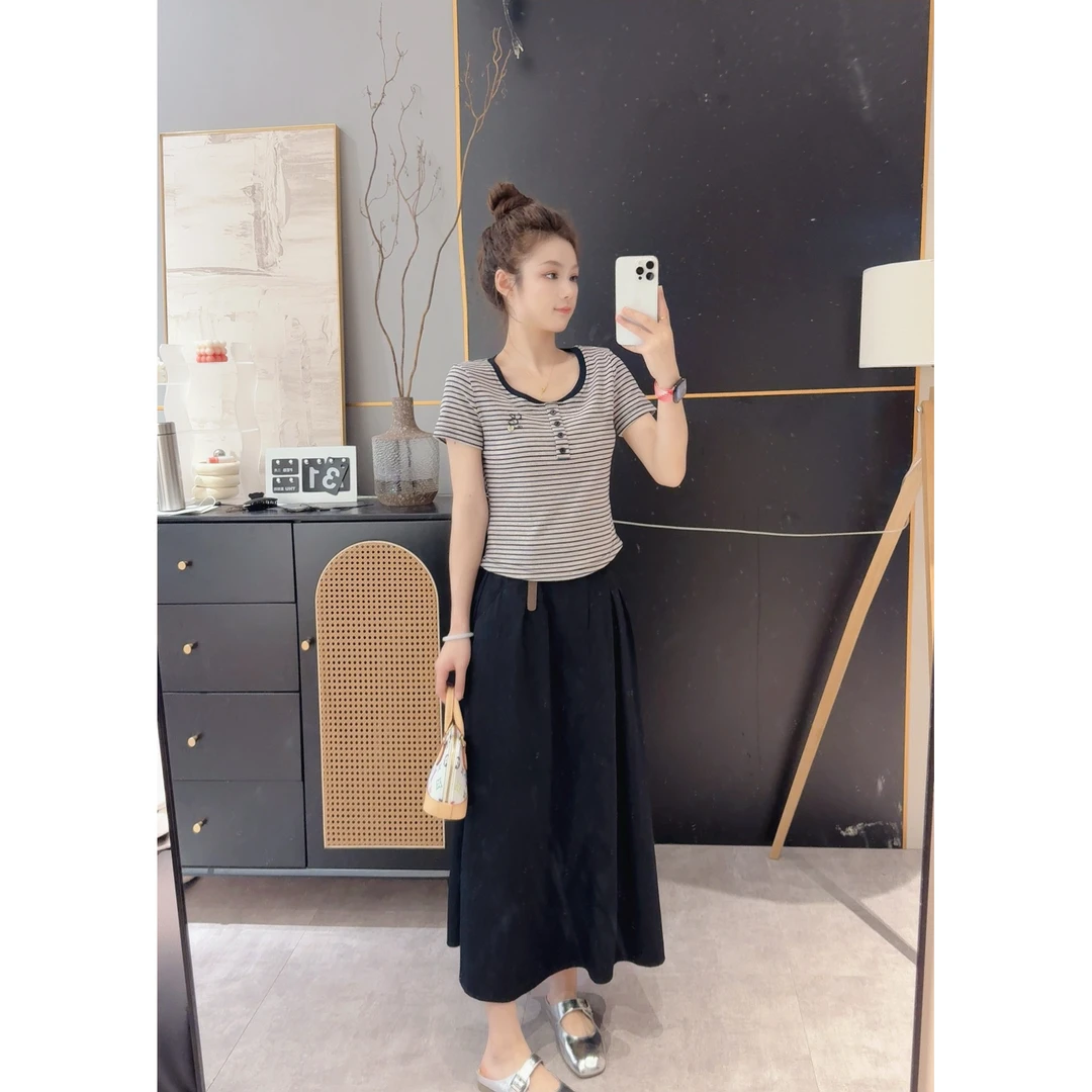 【欧加恋恋】圆领条纹短袖半身裙两件套HZ25042451
