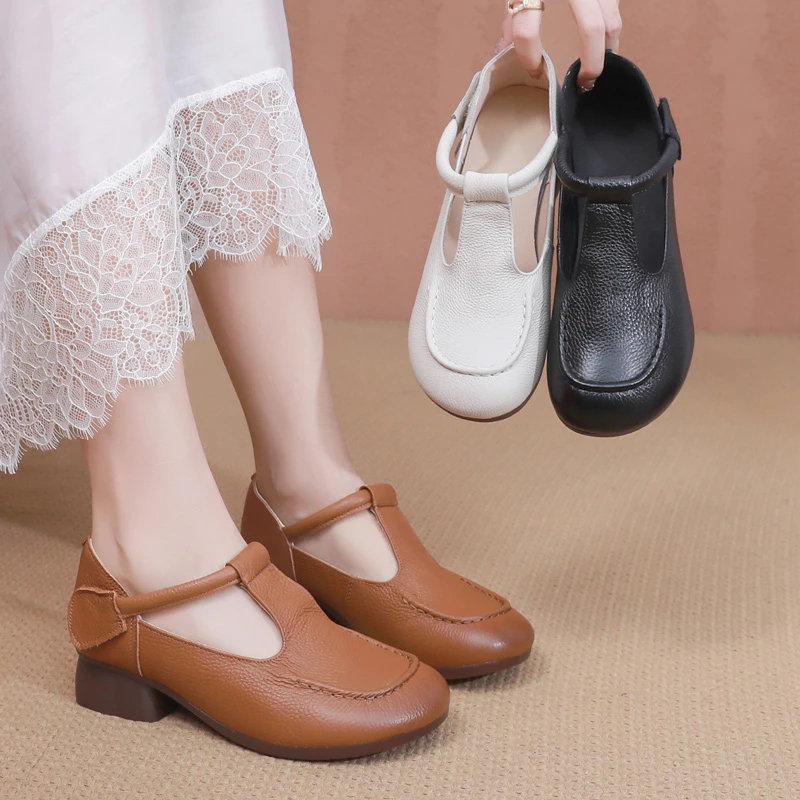 头层牛皮中跟妈妈鞋软面软底单鞋旅游鞋舒适百搭低跟女鞋春秋皮鞋