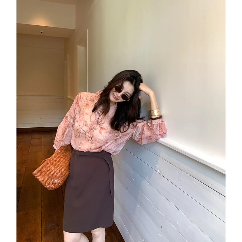 【ALONE SAVOR】龍喜儿 烟粉梦 轻奢优雅夏网纱印花设计感衬衫J528