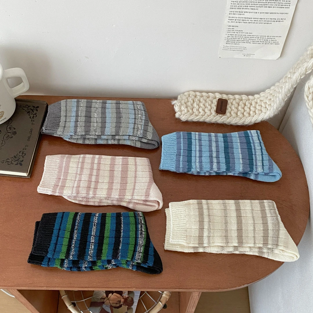 粗针针织自由条纹撞色中筒袜女袜秋冬