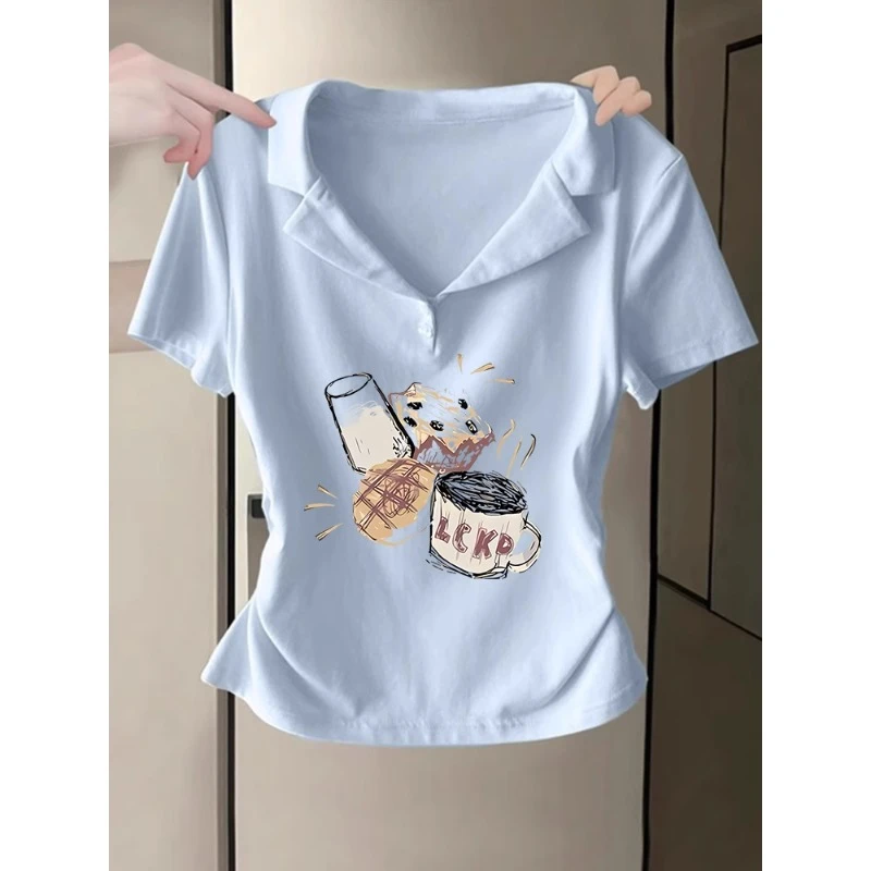 多巴胺奶蓝色polo衫正肩短袖t恤2025新款修身收腰别致短款上衣女