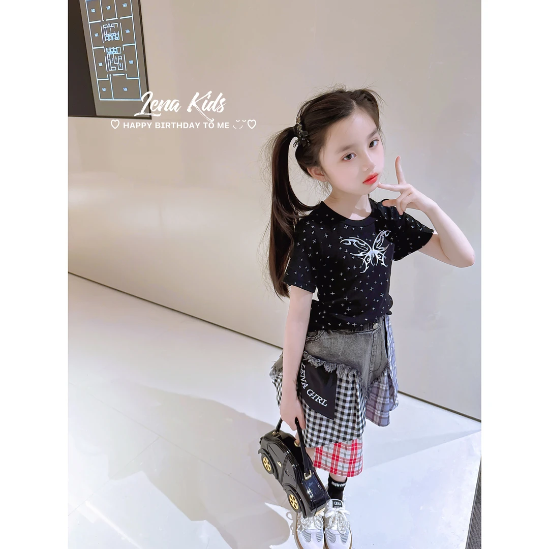 Lenakids【现货】【甜酷风·闪闪蝴蝶T格子拼接牛仔裙套装】25041101