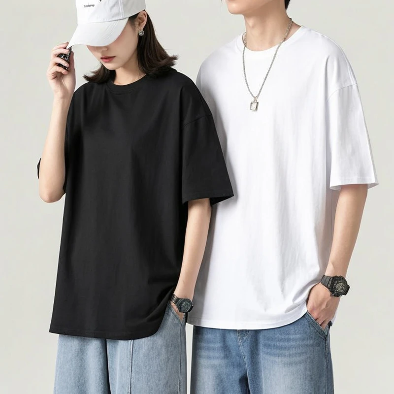 （5号链接）夏季宽松圆领小众设计高奢重磅纯棉T恤男女同款AF5307