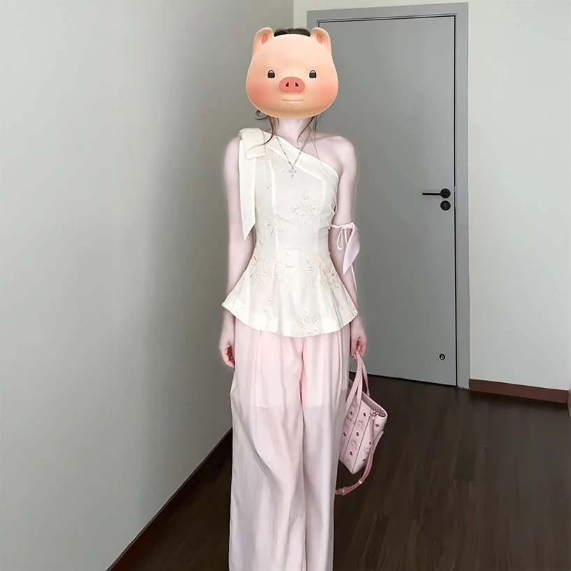 夏季新款法式高级感气质刺绣提花斜肩上衣显瘦阔腿裤减龄两件套女