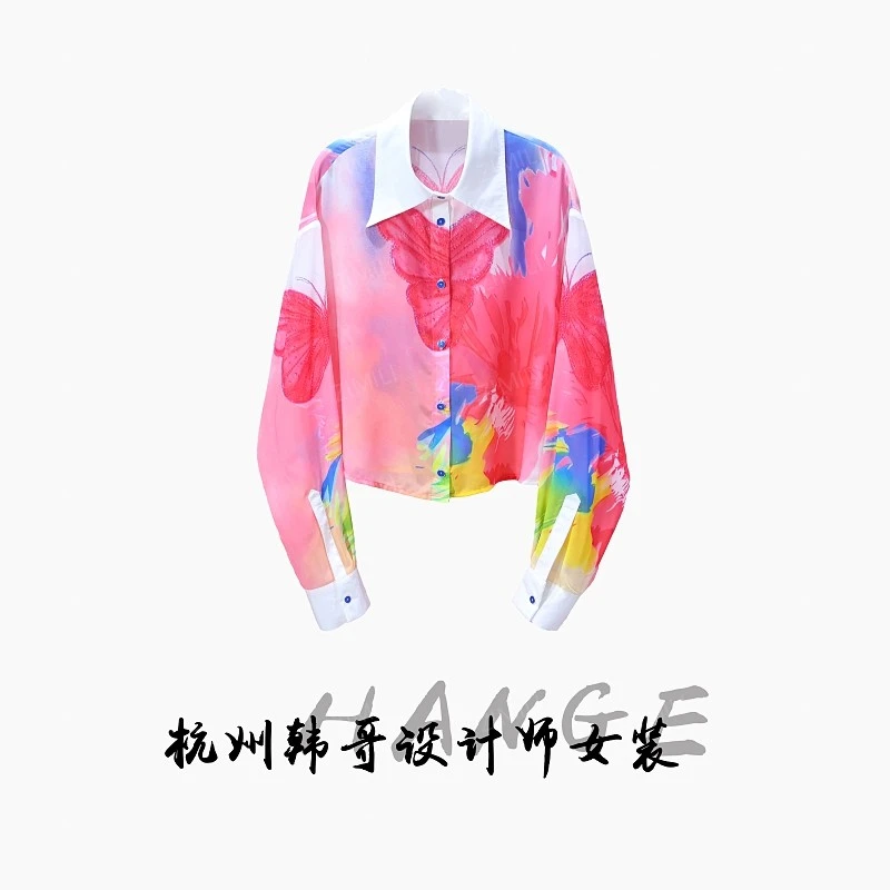 【韩哥女装】设计师系列多巴胺彩色蝴蝶印花时尚休闲短款衬衫8012