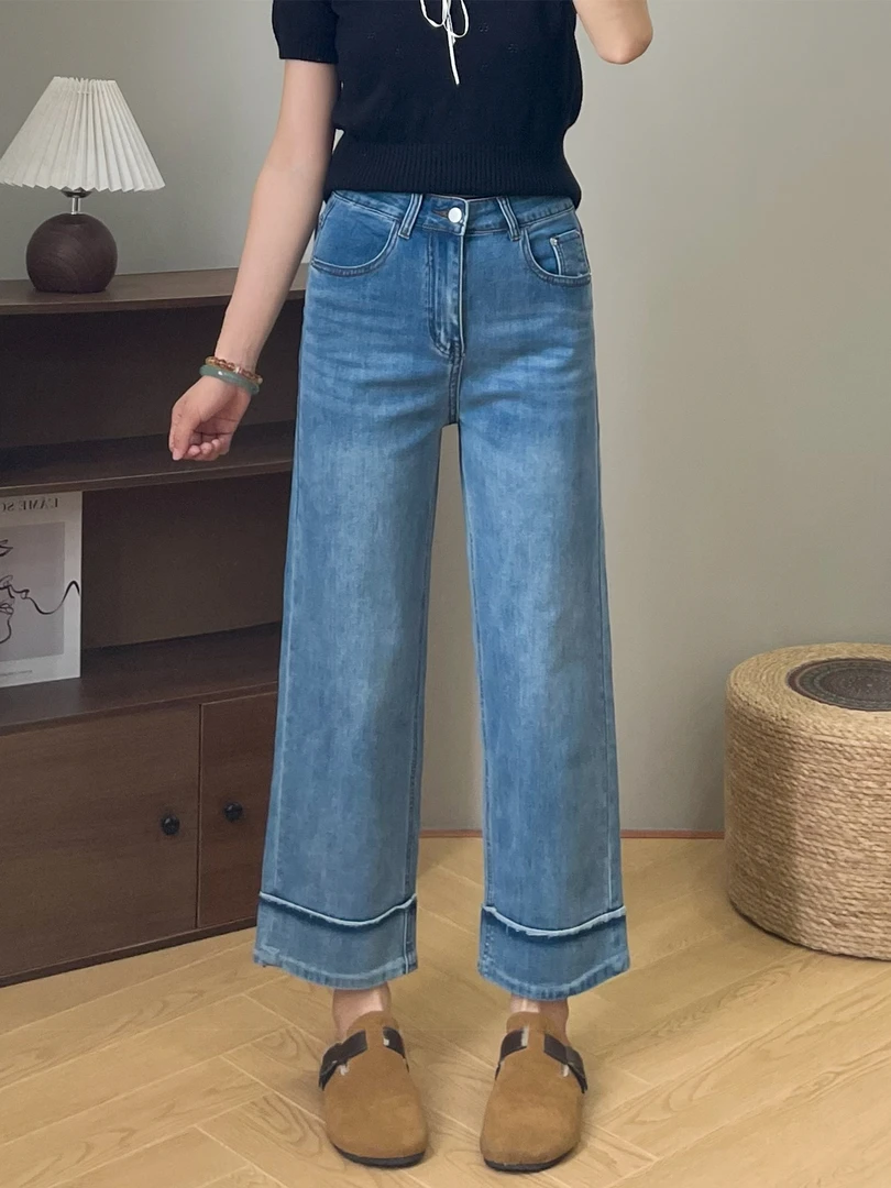 拼接直筒牛仔裤女款爆款2025新款秋季大码微胖mm宽松显瘦阔腿裤子