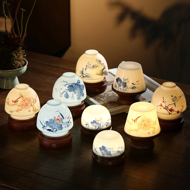 鹤云景德镇陶瓷器手绘青花粉彩创意复古家用中式国风氛围灯小夜灯