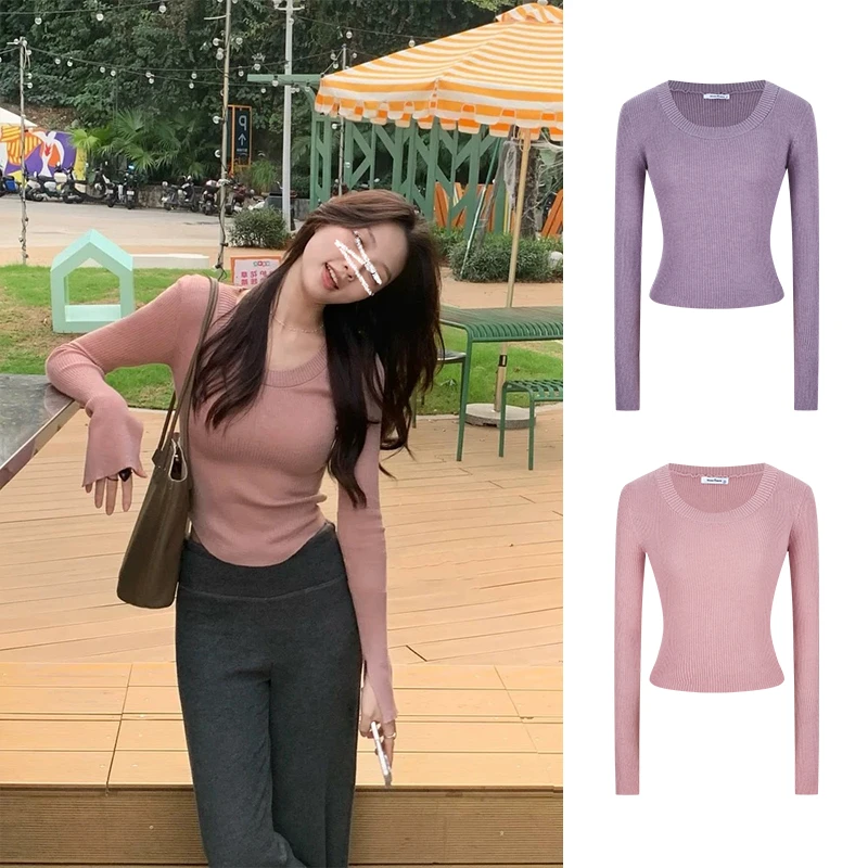 Moses Queen/魔西女王螺纹U领修身针织衫纯欲修身喇叭袖长袖上衣