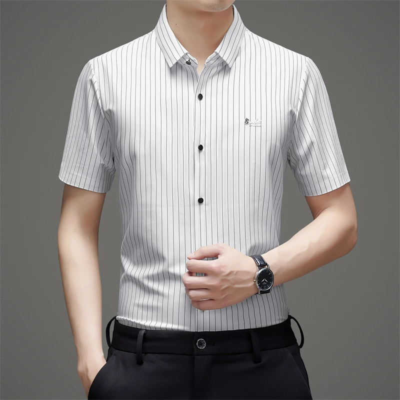 夏季男士短袖衬衫商务休闲时尚潮流修身条纹轻奢男衬衣
