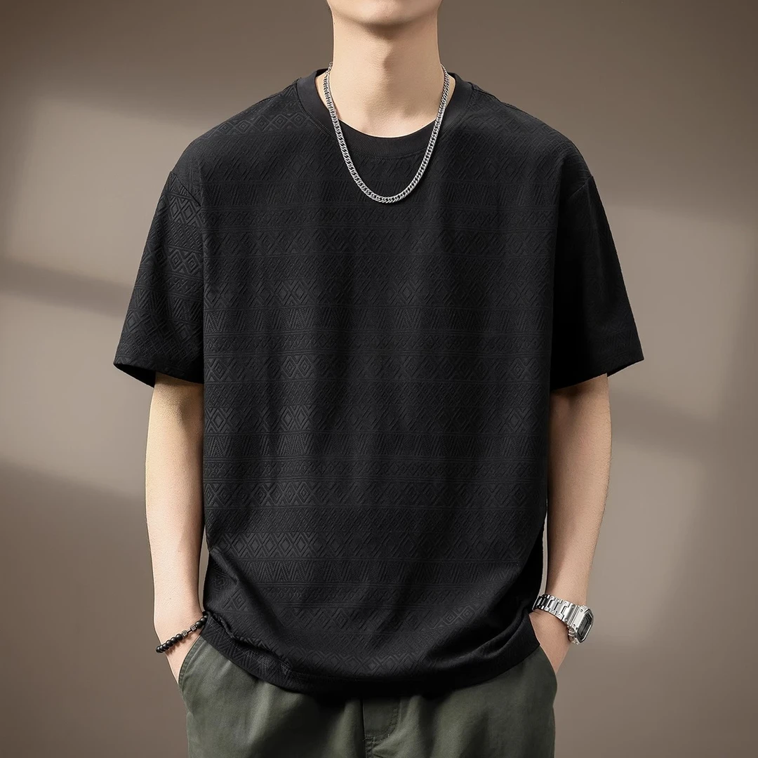 高端暗纹肌理感提花短袖T恤男夏季薄款宽松圆领冰丝凉感体恤上衣