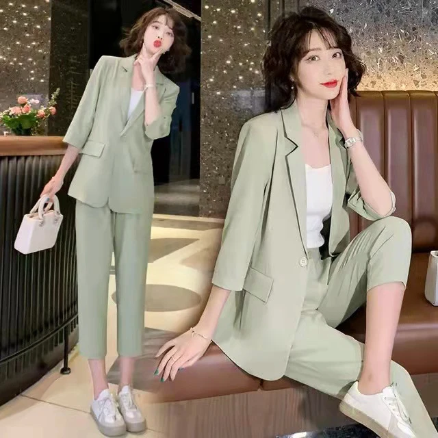 大码薄款西装外套女胖mm夏装宽松显瘦职业套装气质休闲西服两件套