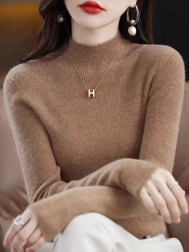 鄂尔多斯市半高领纯色100高级感羊毛衫修身针织内搭打底衫毛衣女