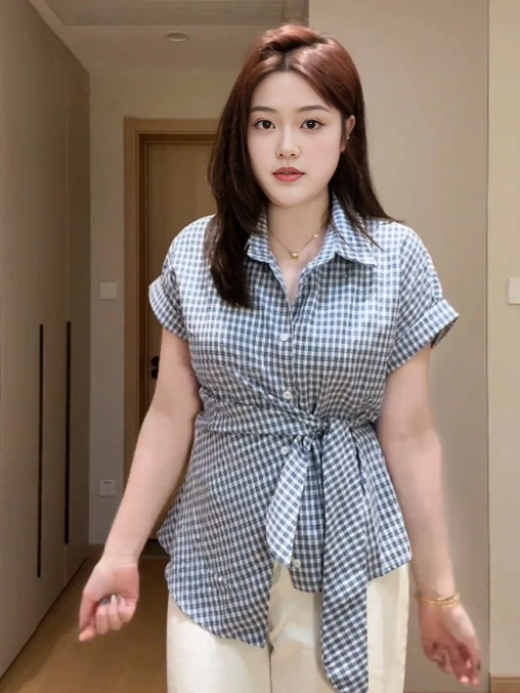 大码胖mm设计感镶钻Polo领短袖衬衫女夏季不规则显瘦系带格子上衣