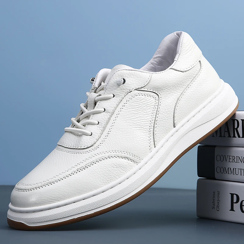 【免系带】软头层牛皮小白鞋男士时尚百搭松紧带透气白色套脚懒人鞋