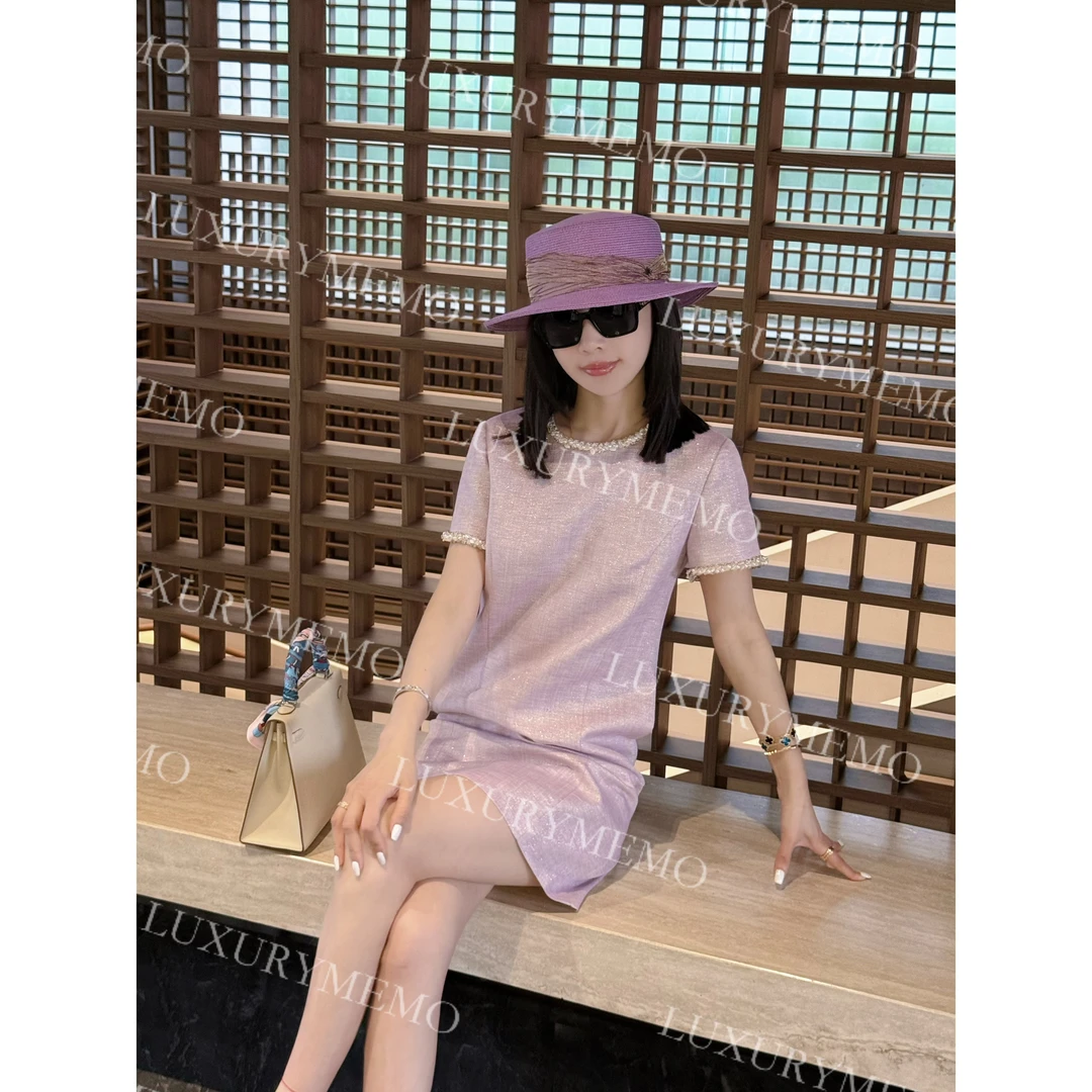 LUXURYMEMO【丁香裙】定制重工钉珠刺绣浪漫低饱和紫色连衣裙女夏