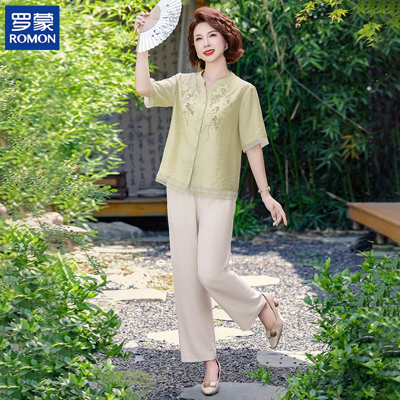 罗蒙高贵妈妈夏新款时尚套装短袖印花上衣中老年女装夏季薄两件套