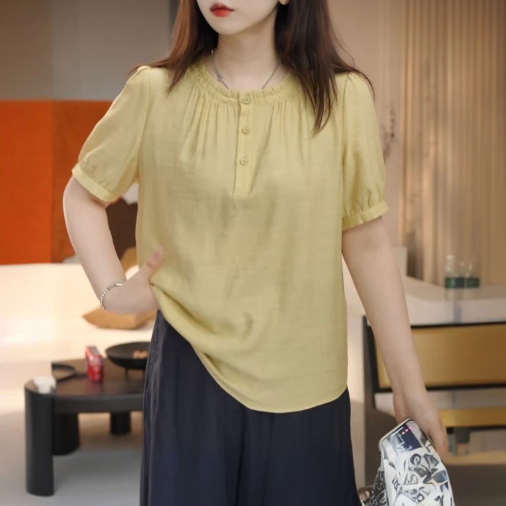 2025夏季新款时尚休闲百褶领纯色上衣气质减龄大气显瘦短袖衬衫