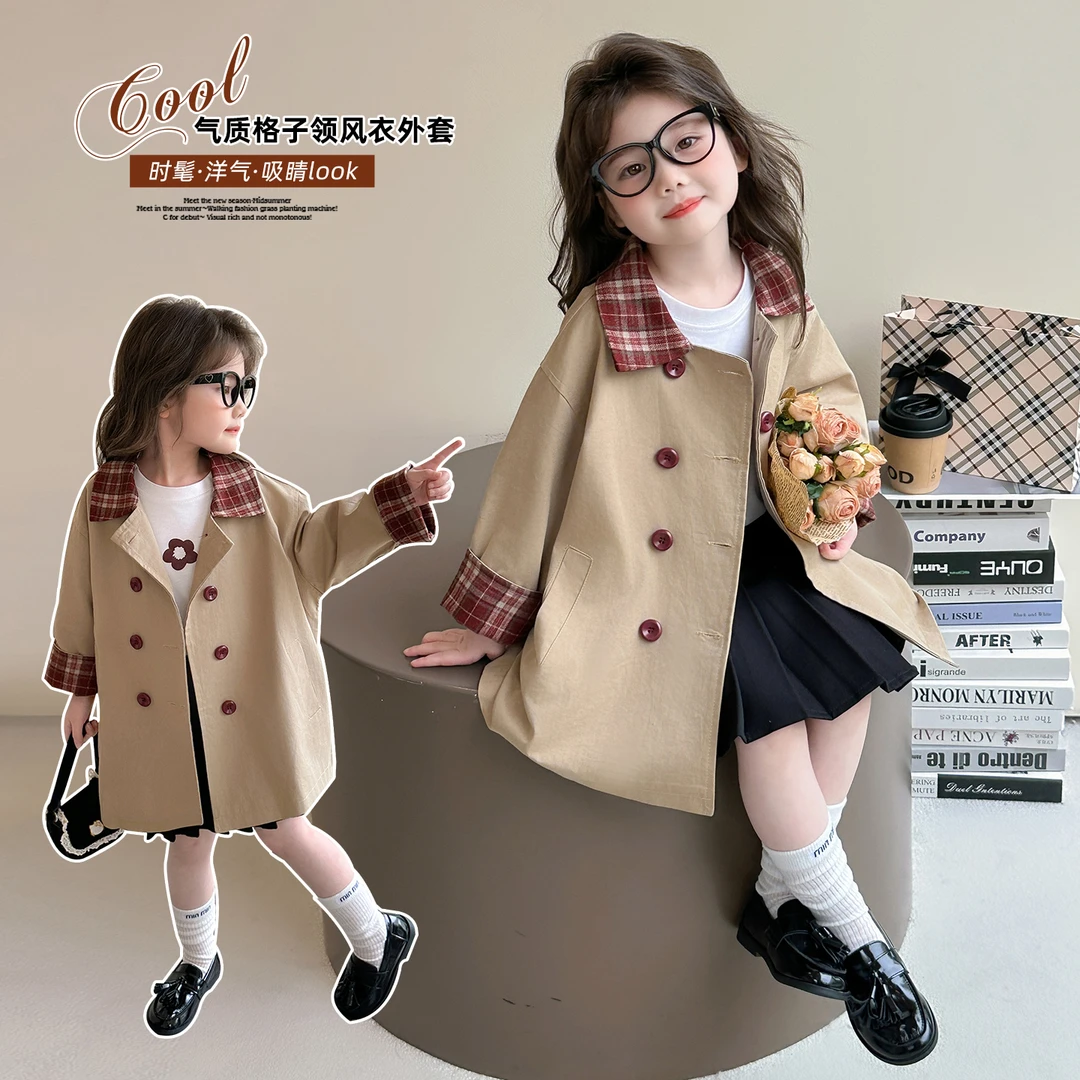儿童时髦风衣宝宝女童休闲风西装领秋装格子春秋女孩秋装洋气外套