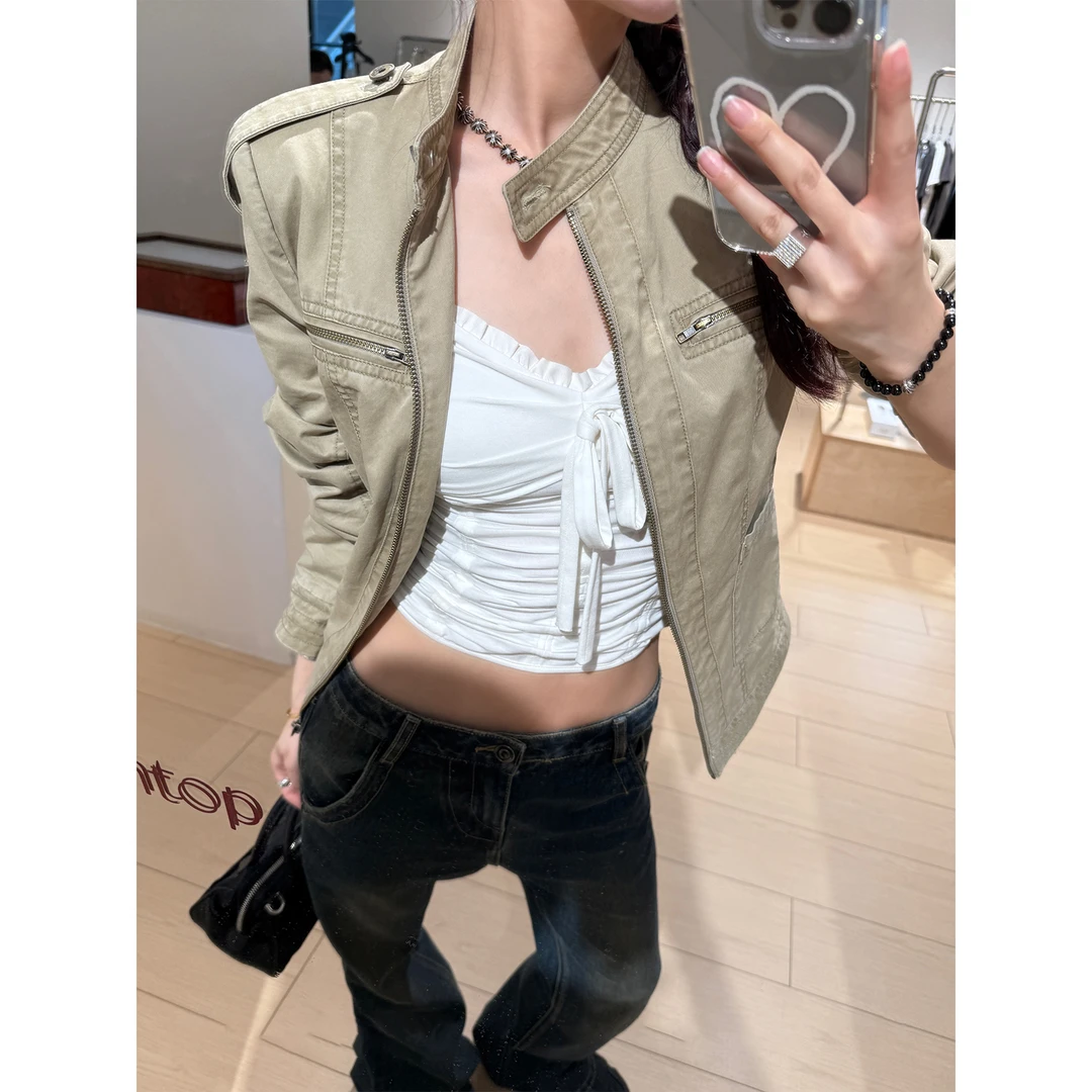 美式卡其色牛仔立领做旧复古短款外套女秋季时尚休闲修身夹克上衣