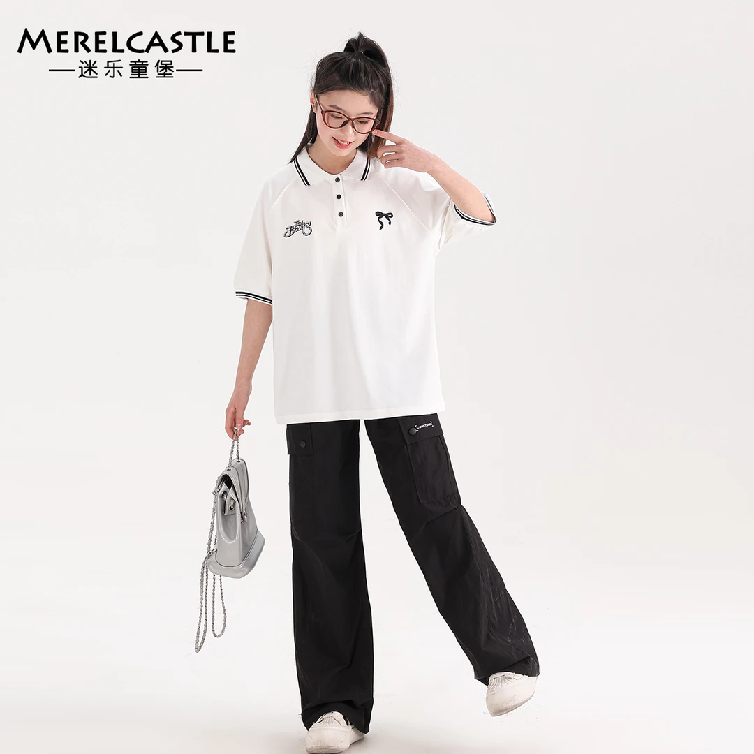 C4733女童polo领宽松短袖T恤潮流舒适夏季百搭休闲透气套头T恤