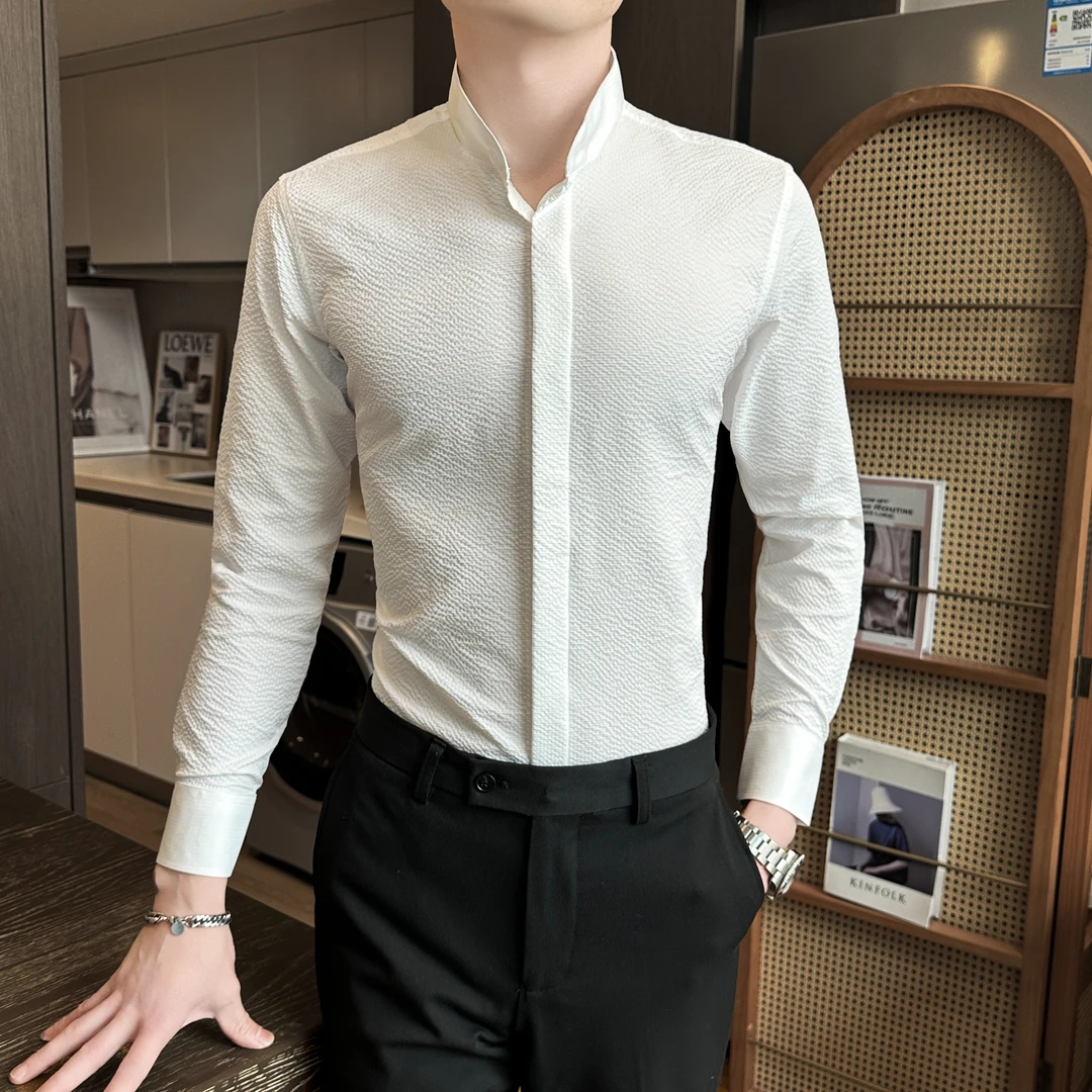 立领衬衫男款长袖2025新款新中式国风男装高级感泡泡纱男士衬衣潮