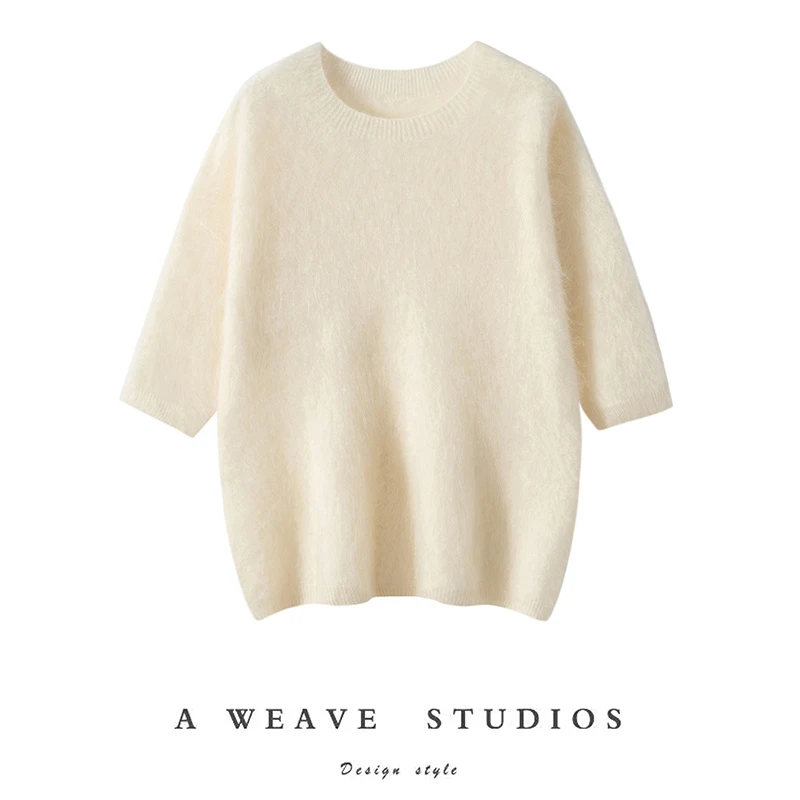 【100%拉绒山羊绒衫】女圆领短款针织短袖宽松背心打底衫秋冬