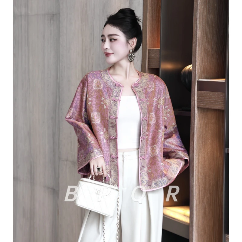 BPQR初秋新款年轻版宽松单排扣提花上衣女新中式贵气日常长袖外套