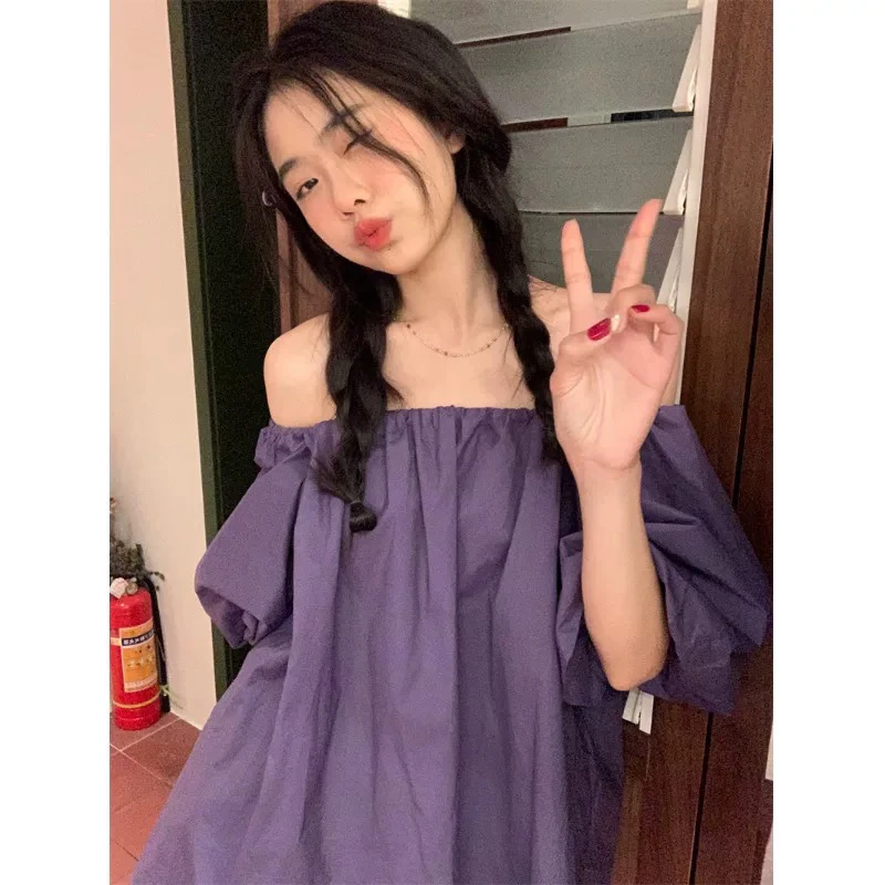 一字领上衣衬衣方领露肩短袖泡泡袖衬衫静奢风舒适