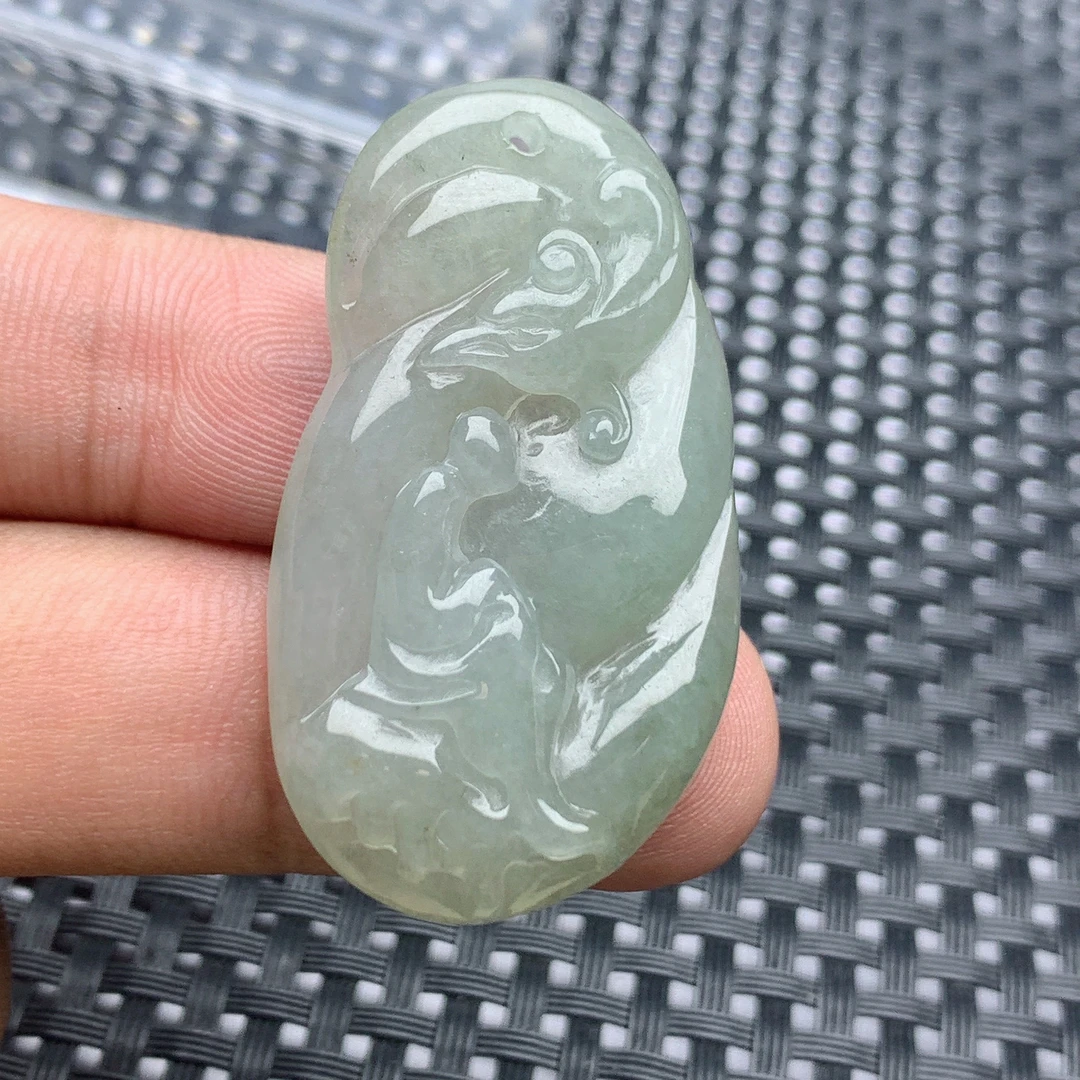 缅甸天然A货翡翠玉悟道吊坠灰透糯冰种挂件挂坠雕刻仿古喜上眉梢