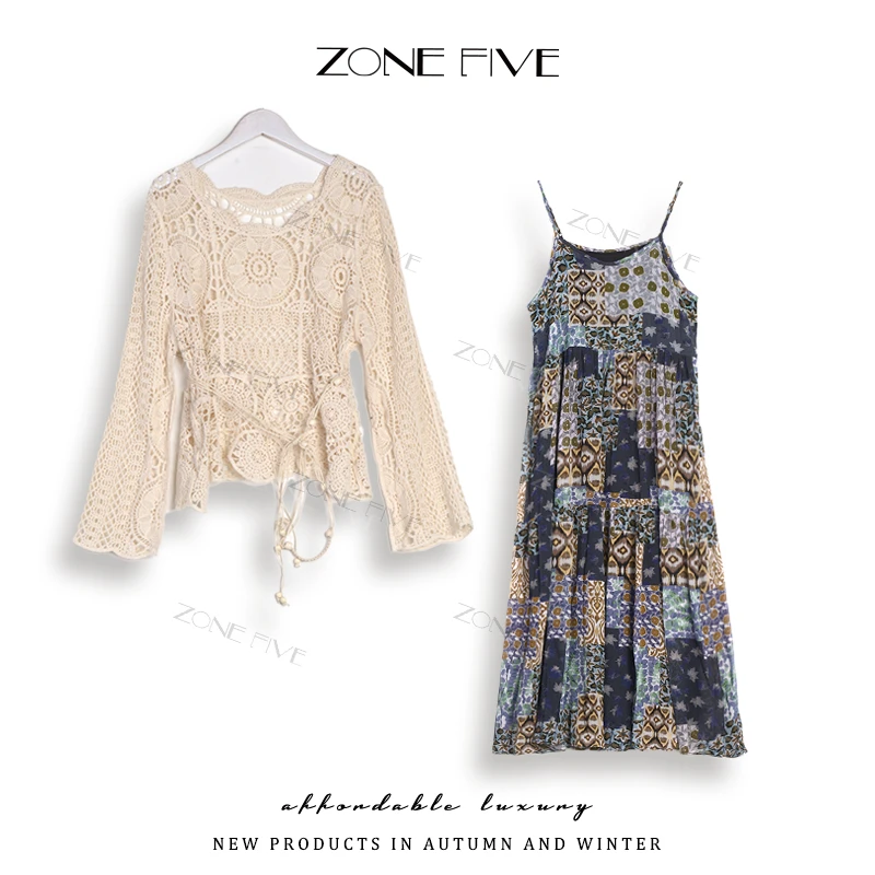 【zonefive】线衫上衣+波西米亚吉普赛连衣裙春夏时尚休闲显瘦套裙