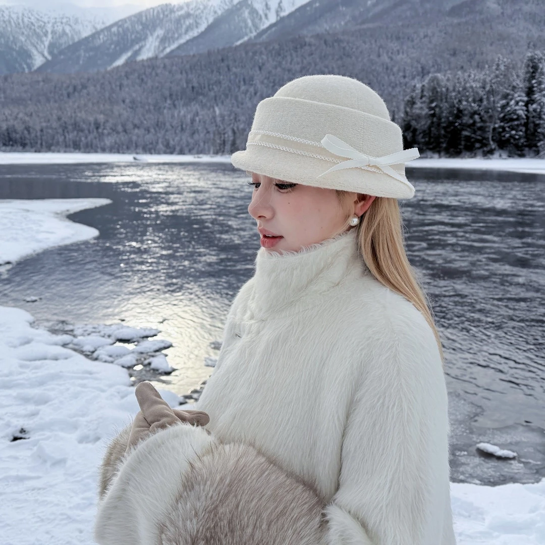 hucares 「冬日白茶」赫本风礼帽 毛呢渔夫帽 秋冬复古显气质时尚