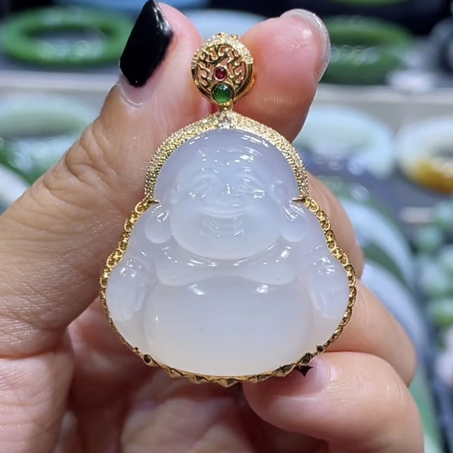 和田玉高冰起荧光羊脂白玉佛公吊坠18K金镶嵌