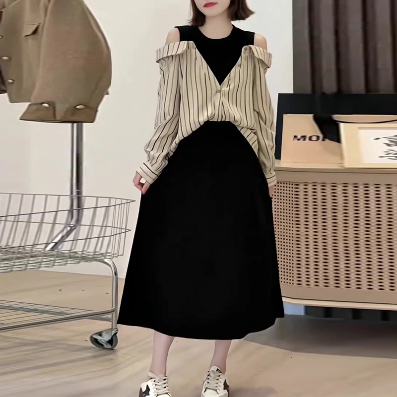 秋季假两件长袖拼接条纹连衣裙法式时尚显瘦减龄大码小众设计长裙