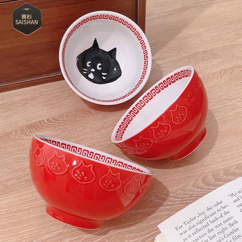 日系可爱惊讶猫餐具釉下彩饭碗水果碗卡通陶瓷碗家用米饭碗大容量