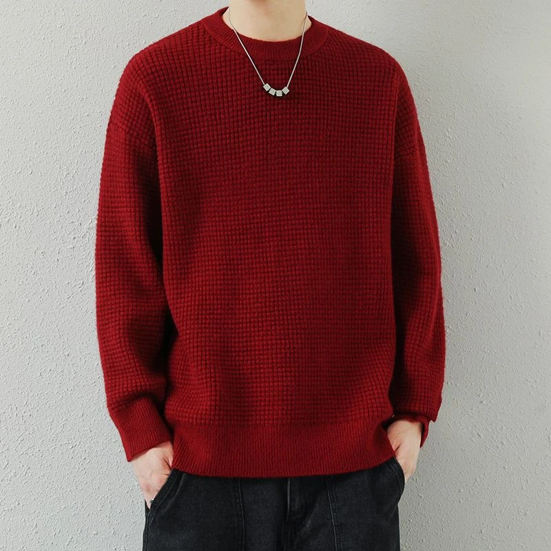 大红色毛衣男2025春秋季基础款纯色打底韩系慵懒风潮牌圆领针织衫