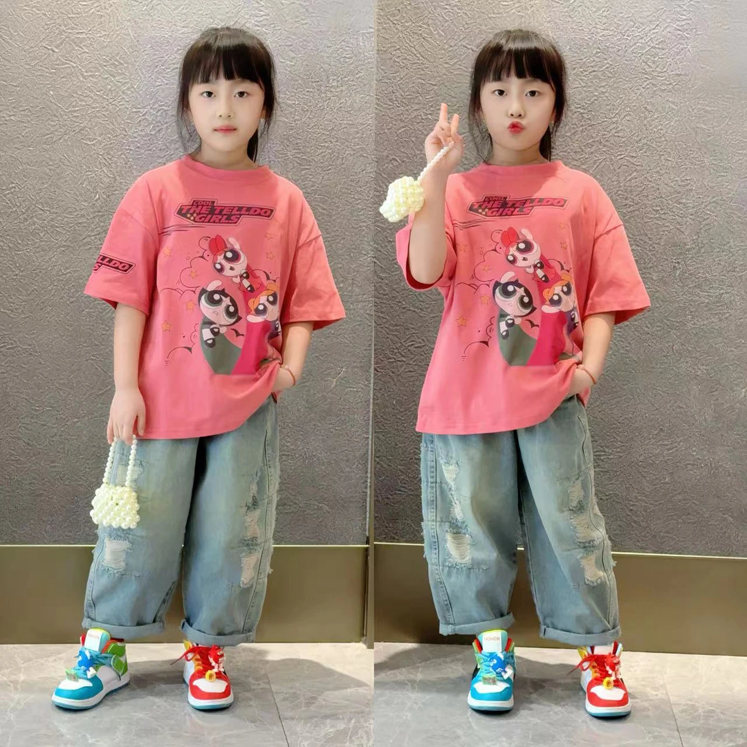 女童夏季韩版休闲短袖T恤女大童夏款潮t时髦洋气儿童牛仔裤